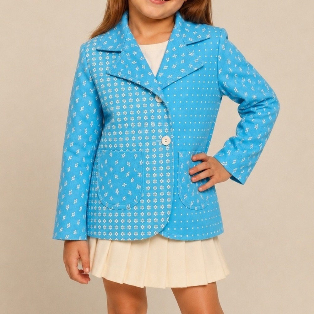 Vintage 60s‎ Sears Perma Prest Kids Patchwork Mod Jacket Blue Youth Size 6